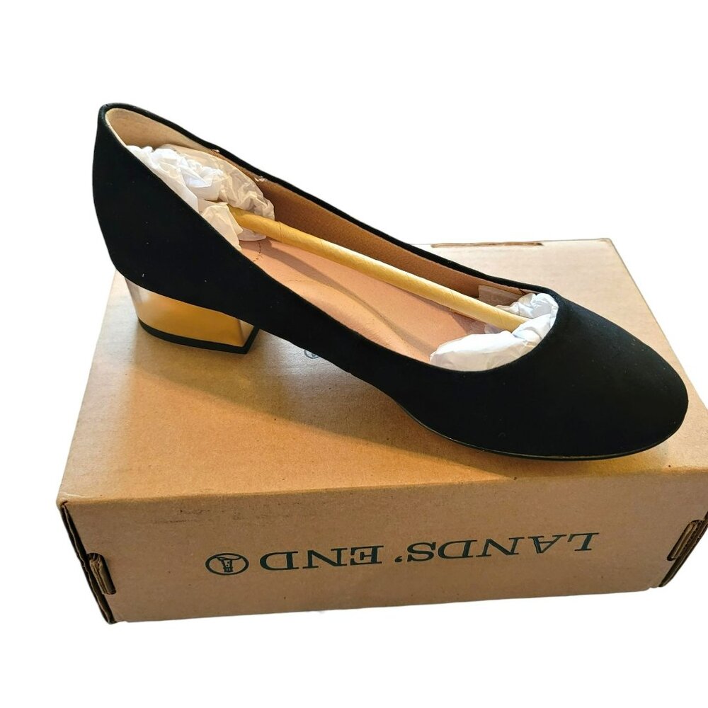 Lands' End Black Suede Gold Heel Pumps Chunky Heel Size 7B NIB DH245